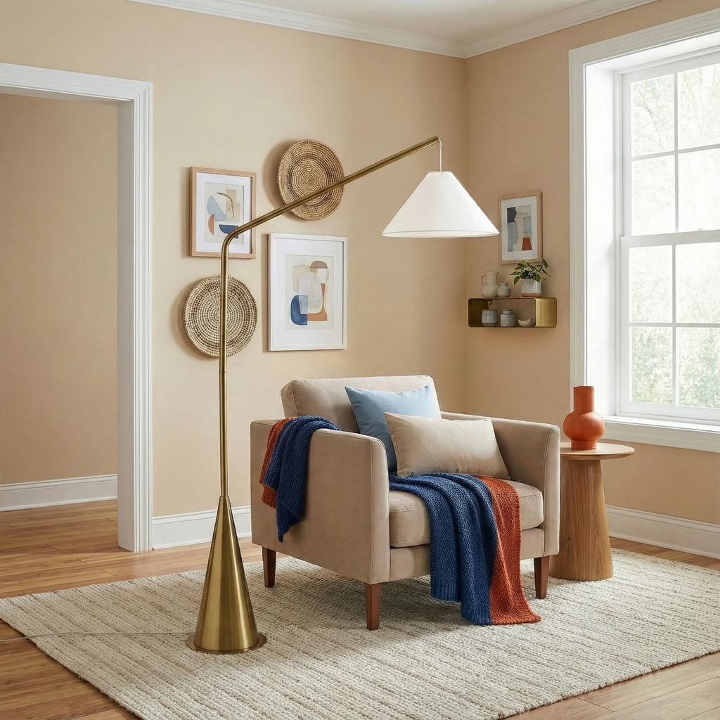 Black Floor Lamp, Coned Base, White Fabric Shade, Antique Brass Finish