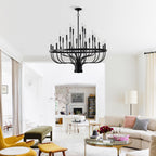 24-Light Iron Candle Chandelier, Matte Black Farmhouse, 39 In. Wide