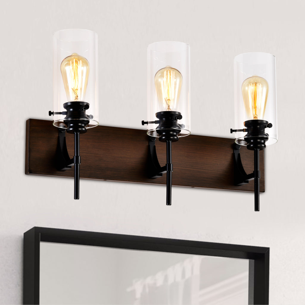 Wood Tone & Black 3-Light Bathroom Vanity Light, Modern Wall Sconce Fixture