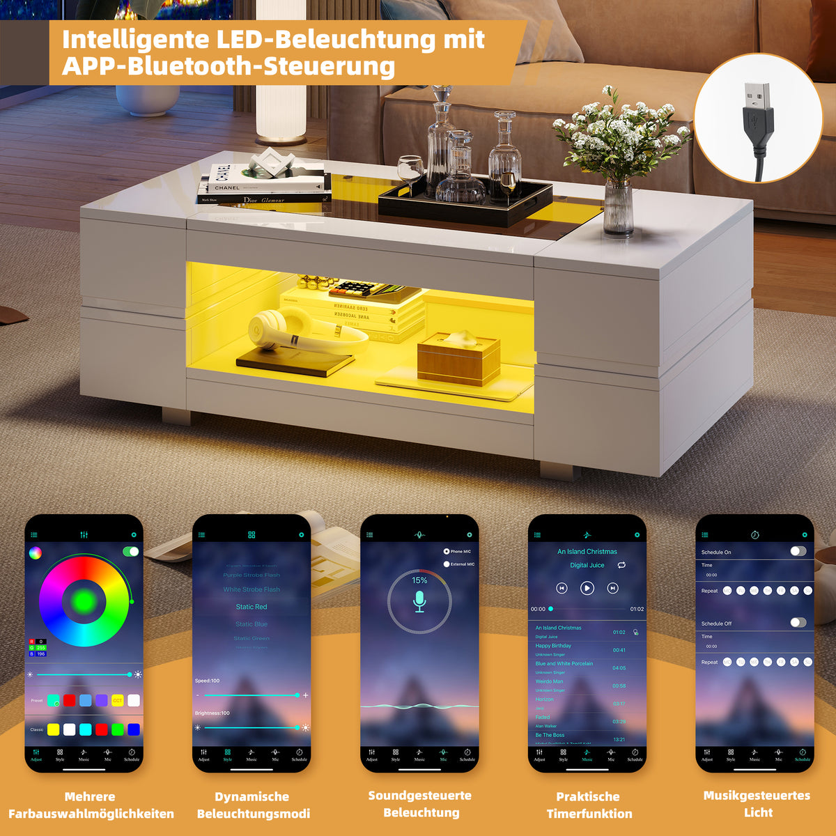 LED Smart Coffee Table with App Control, White