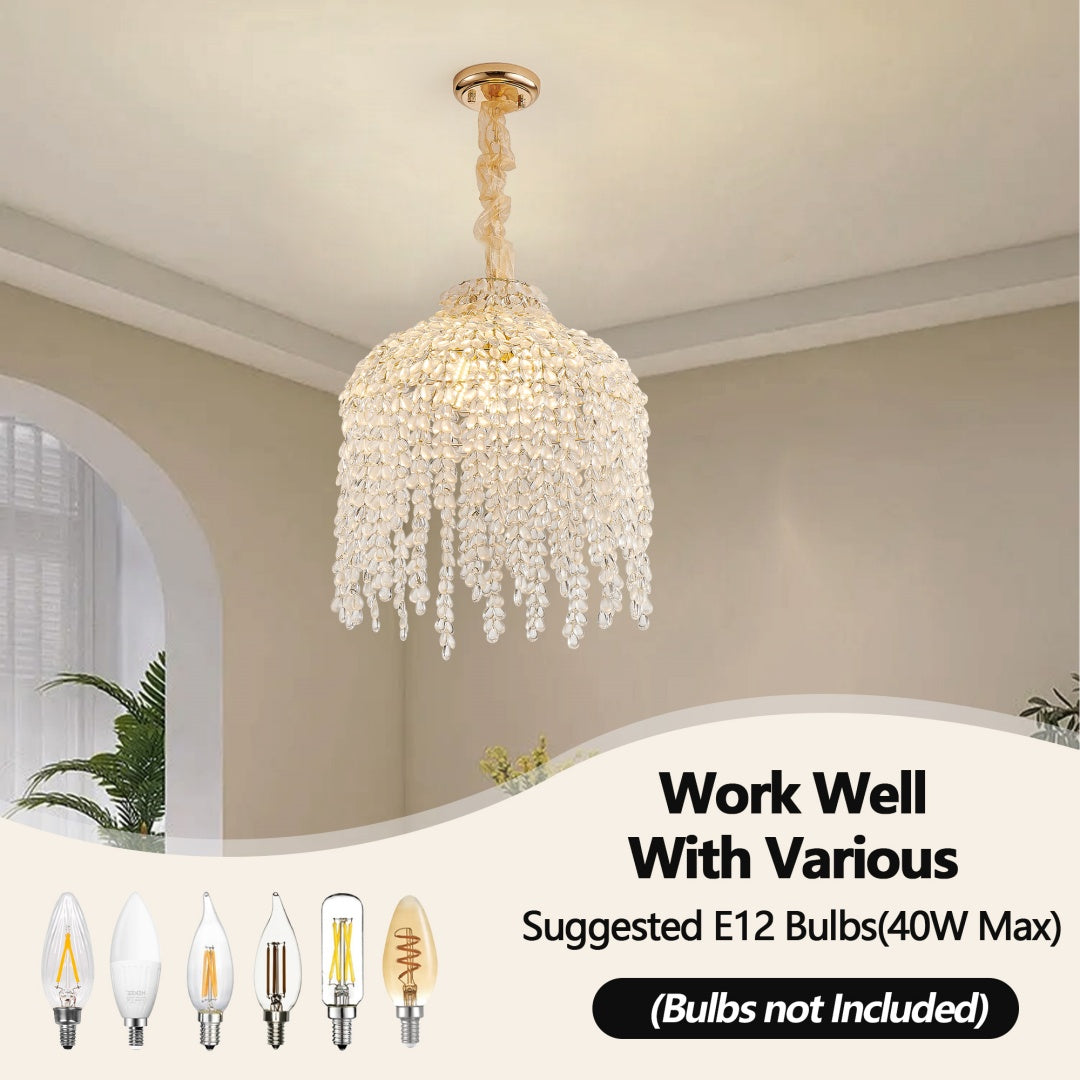 Crystal 5-Light Waterfall Chandelier, Cascading Bead Strings, Gold Finish, 16 in.