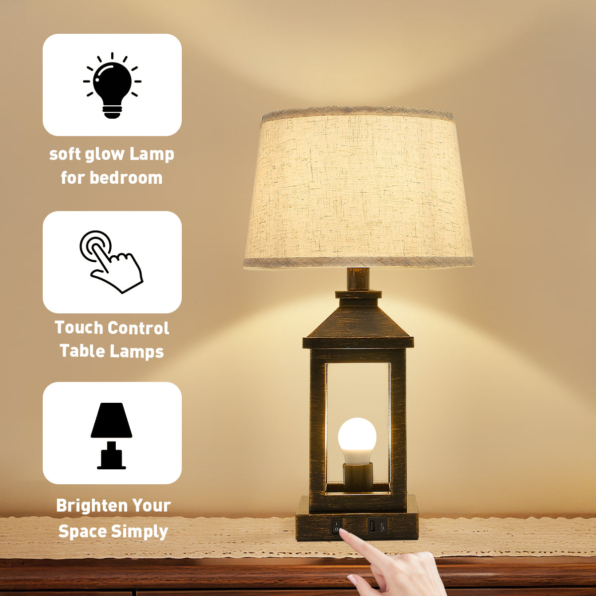 20.5in Black Gold Farmhouse Bedside Table Lamp