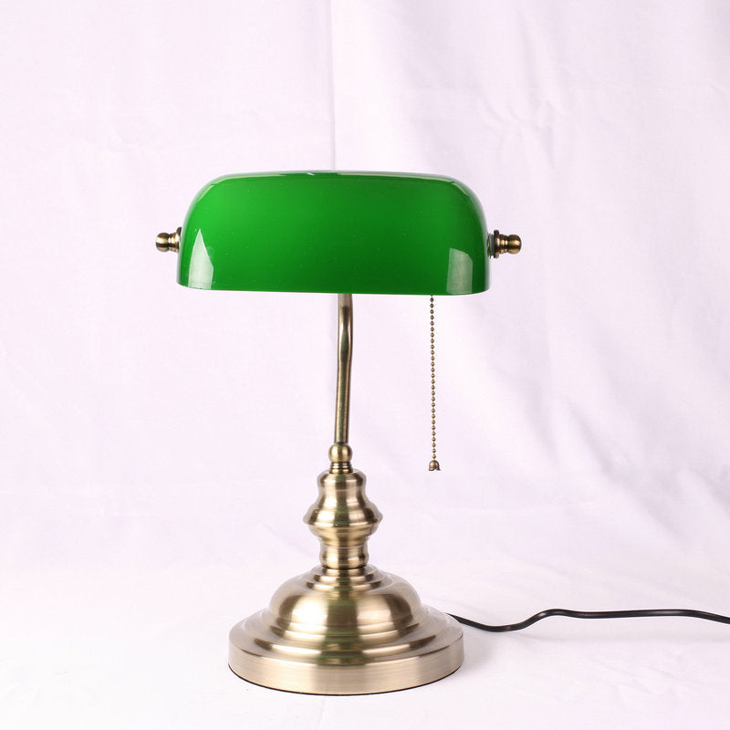 Vintage Banker's Table Lamp with Green Glass Shade, Antique Brass, for Home Office Desk — US