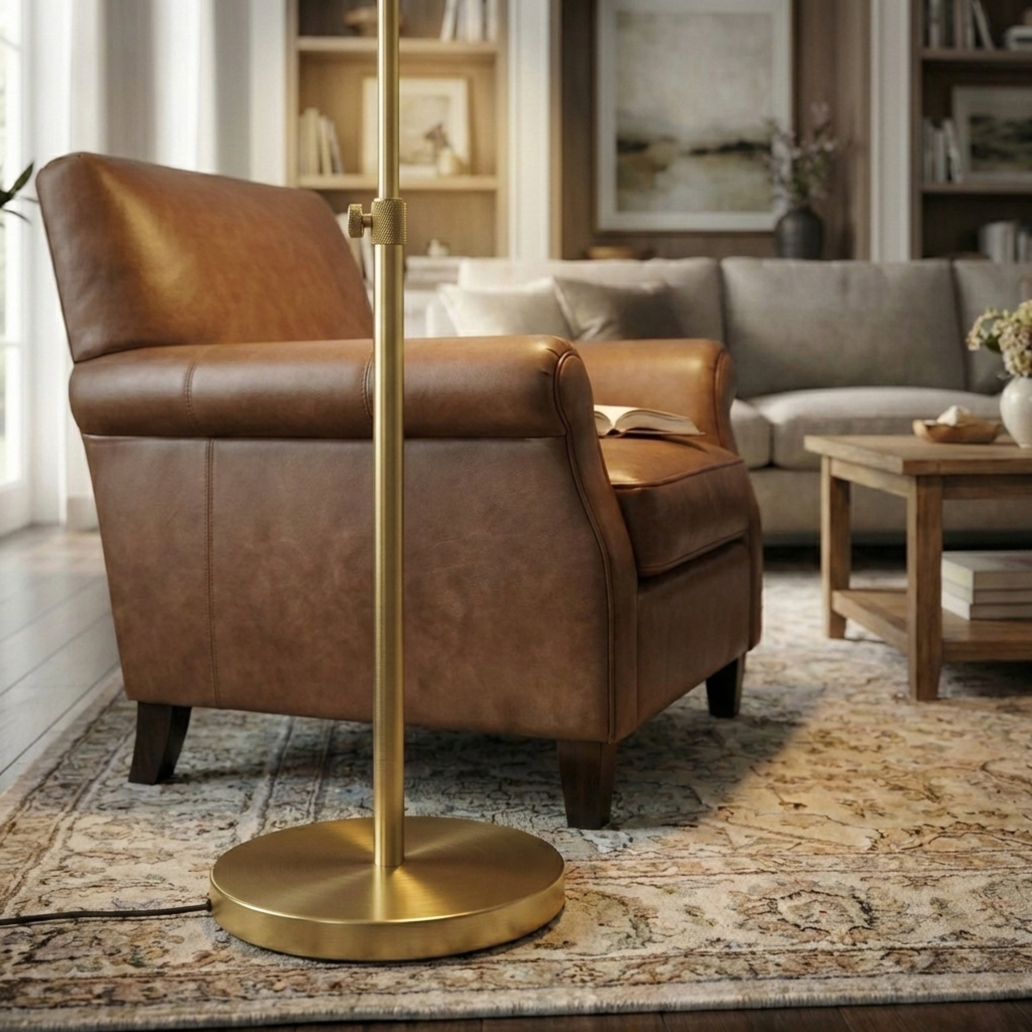 Brass Gold LED Floor Lamp, Adjustable Light, Round Metal Base