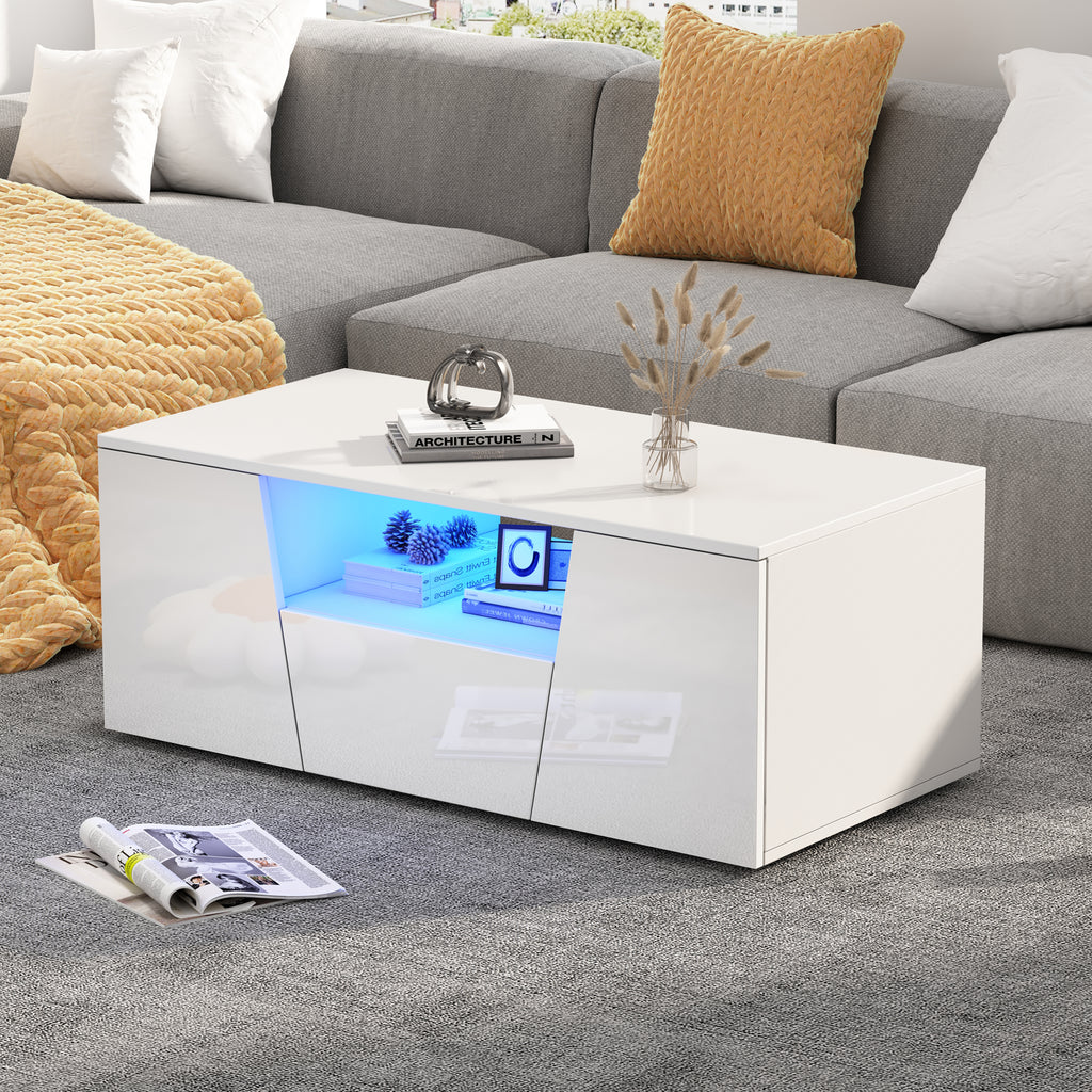 High-Gloss LED Coffee Table with Storage Cabinets, White