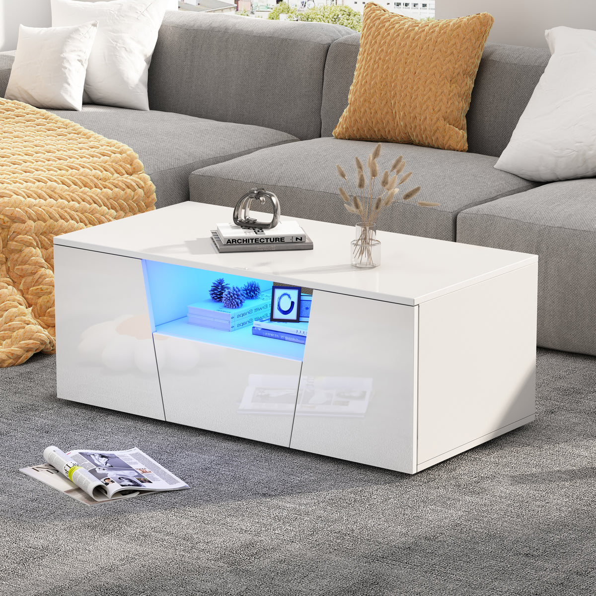 High-Gloss LED Coffee Table with Storage Cabinets, White