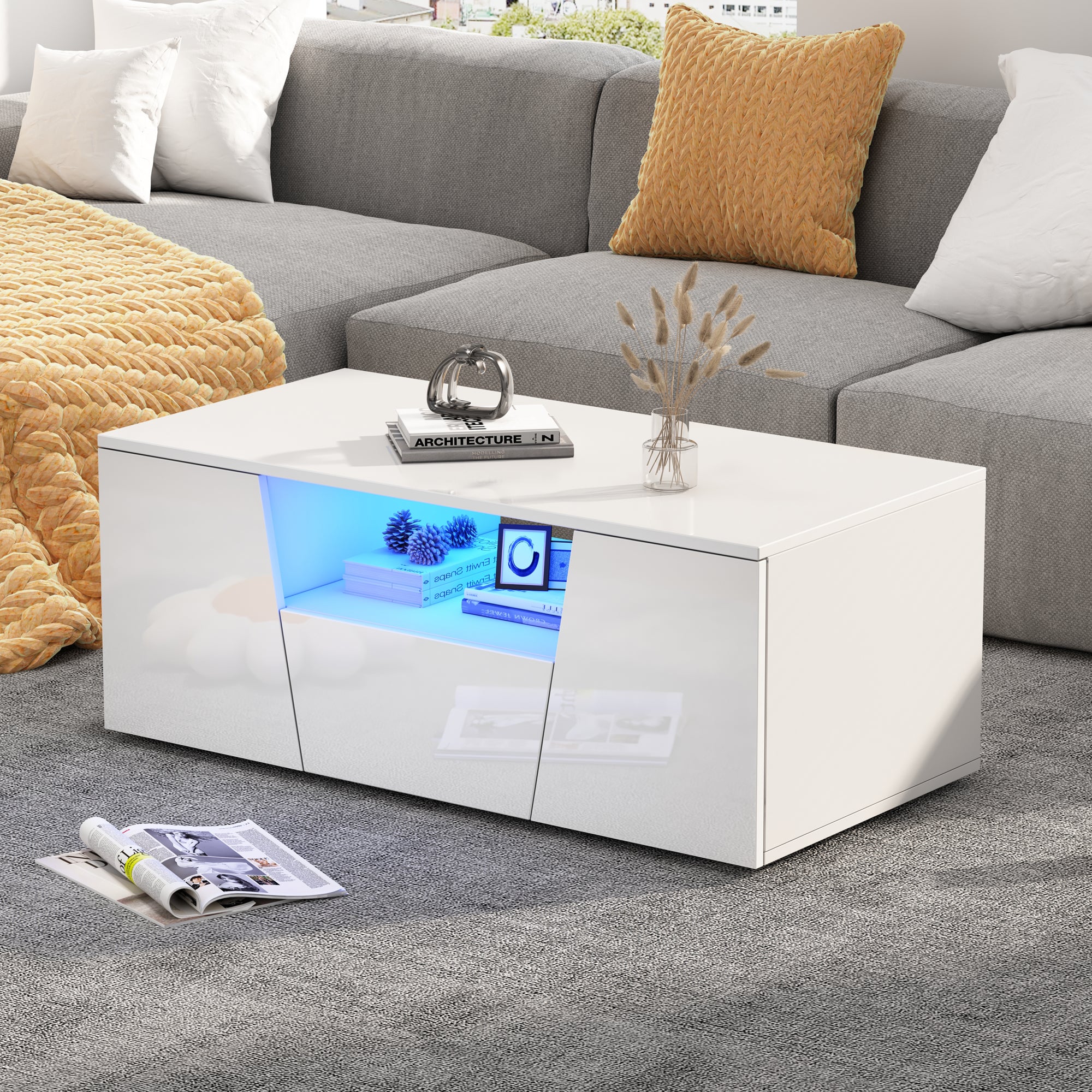 High-Gloss LED Coffee Table with Storage Cabinets, White