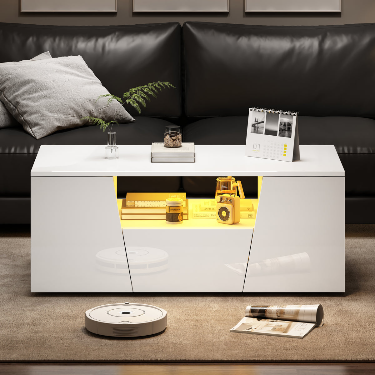 High-Gloss LED Coffee Table with Storage Cabinets, White