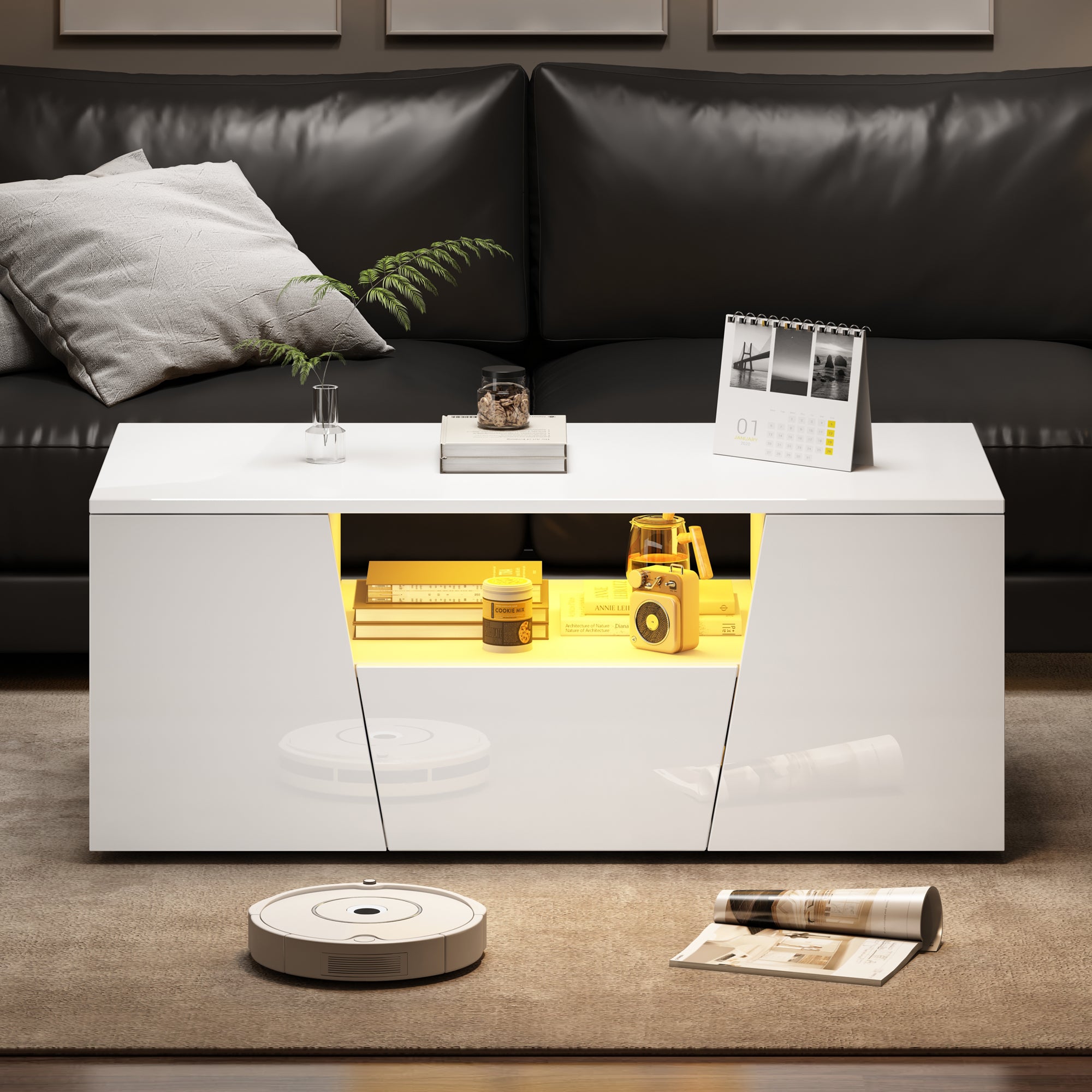High-Gloss LED Coffee Table with Storage Cabinets, White