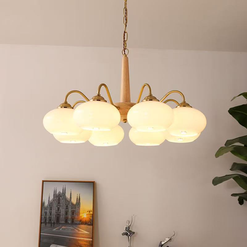 Rustic Wood-Finish Chandelier, Metal & Glass, 4, 6 or 8 Light