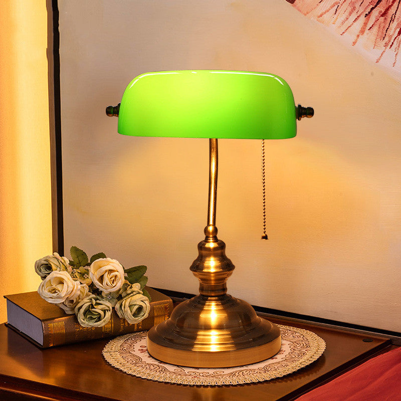 Vintage Banker's Table Lamp with Green Glass Shade, Antique Brass, for Home Office Desk — detail view