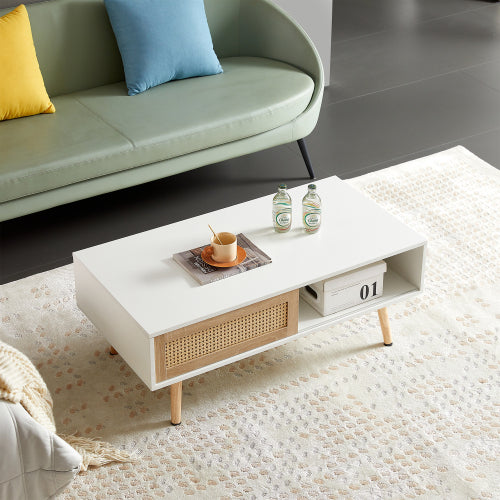 Rattan Coffee Table with Sliding Storage Door, 41 in