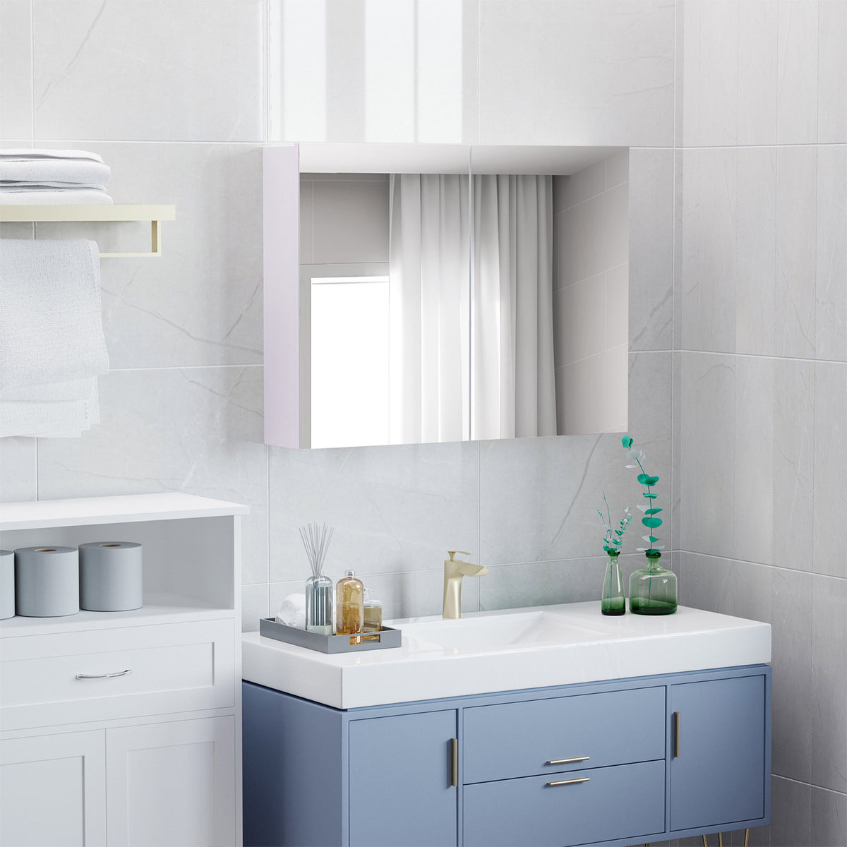 Double-Door Wall-Mounted Bathroom Medicine Cabinet with Mirror, White Storage Cabinet for Bathroom — detail view 5