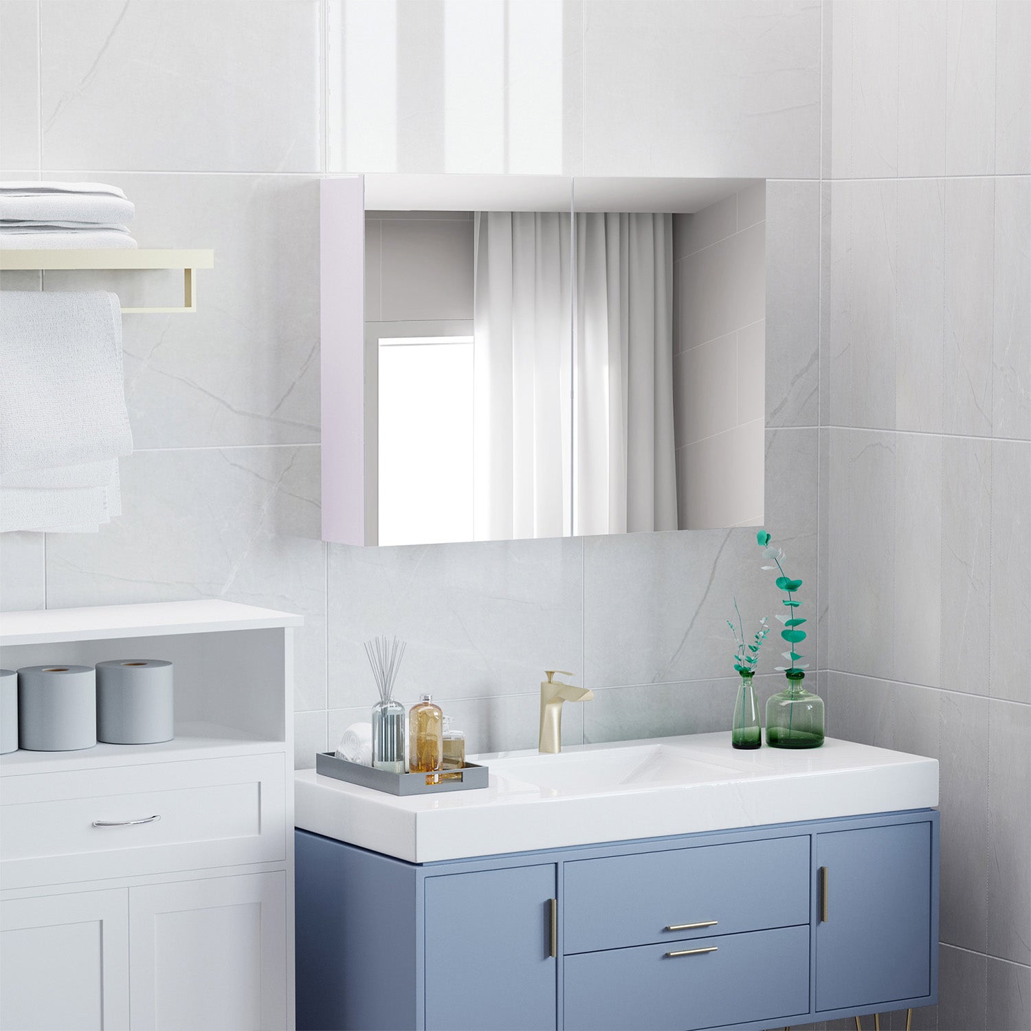 Double-Door Wall-Mounted Bathroom Medicine Cabinet with Mirror, White Storage Cabinet for Bathroom — detail view 5