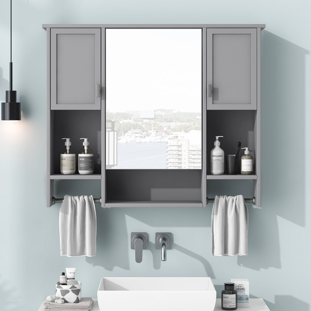 Modern Wall-Mounted Bathroom Medicine Cabinet with Mirror, Grey Storage Cabinet, 35 x 28 in. — detail view