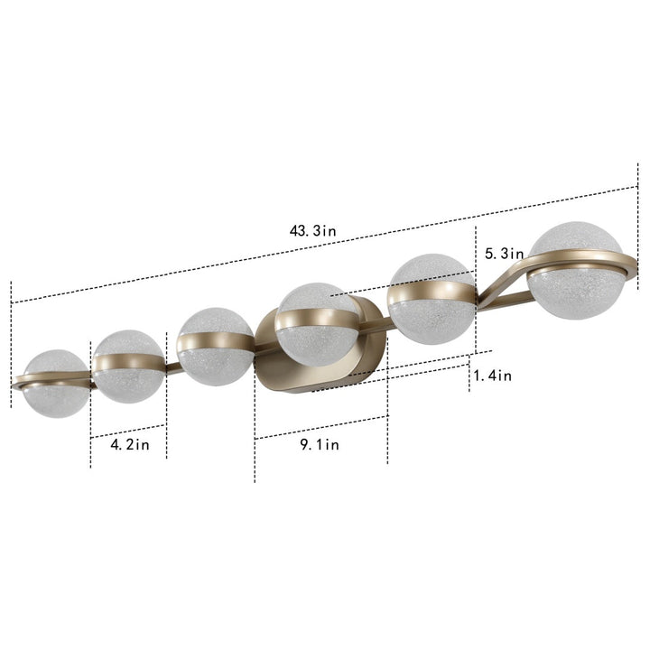 Dimension diagram for Minimalist Gold LED Bathroom Vanity Light, 5-Globe Glass Sphere Wall Sconce for Over Mirror