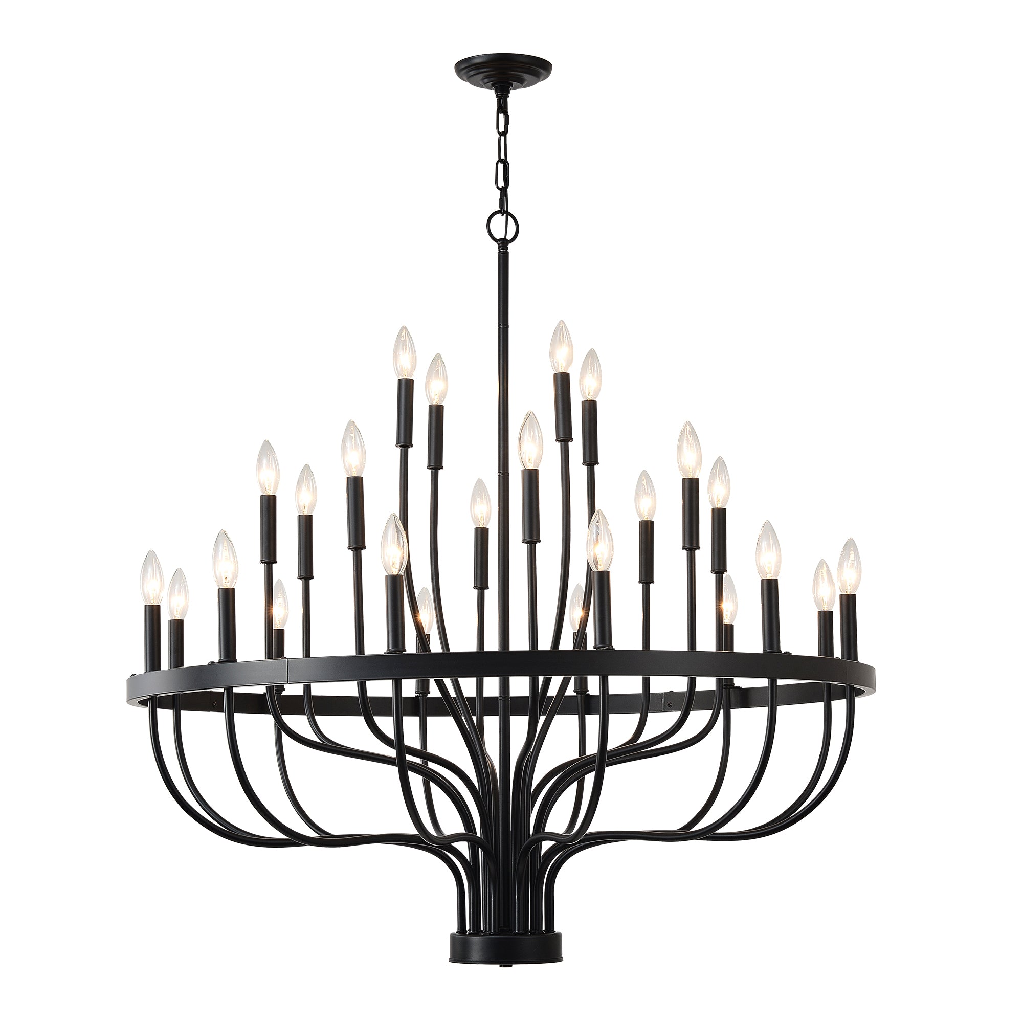 24-Light Iron Candle Chandelier, Matte Black Farmhouse, 39 In. Wide