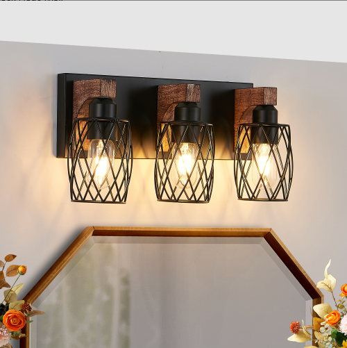 Industrial 3-Light Wall Sconce, Black Cage with Wooden Accents, Walnut and Black, 18 in., for Hallway — detail view