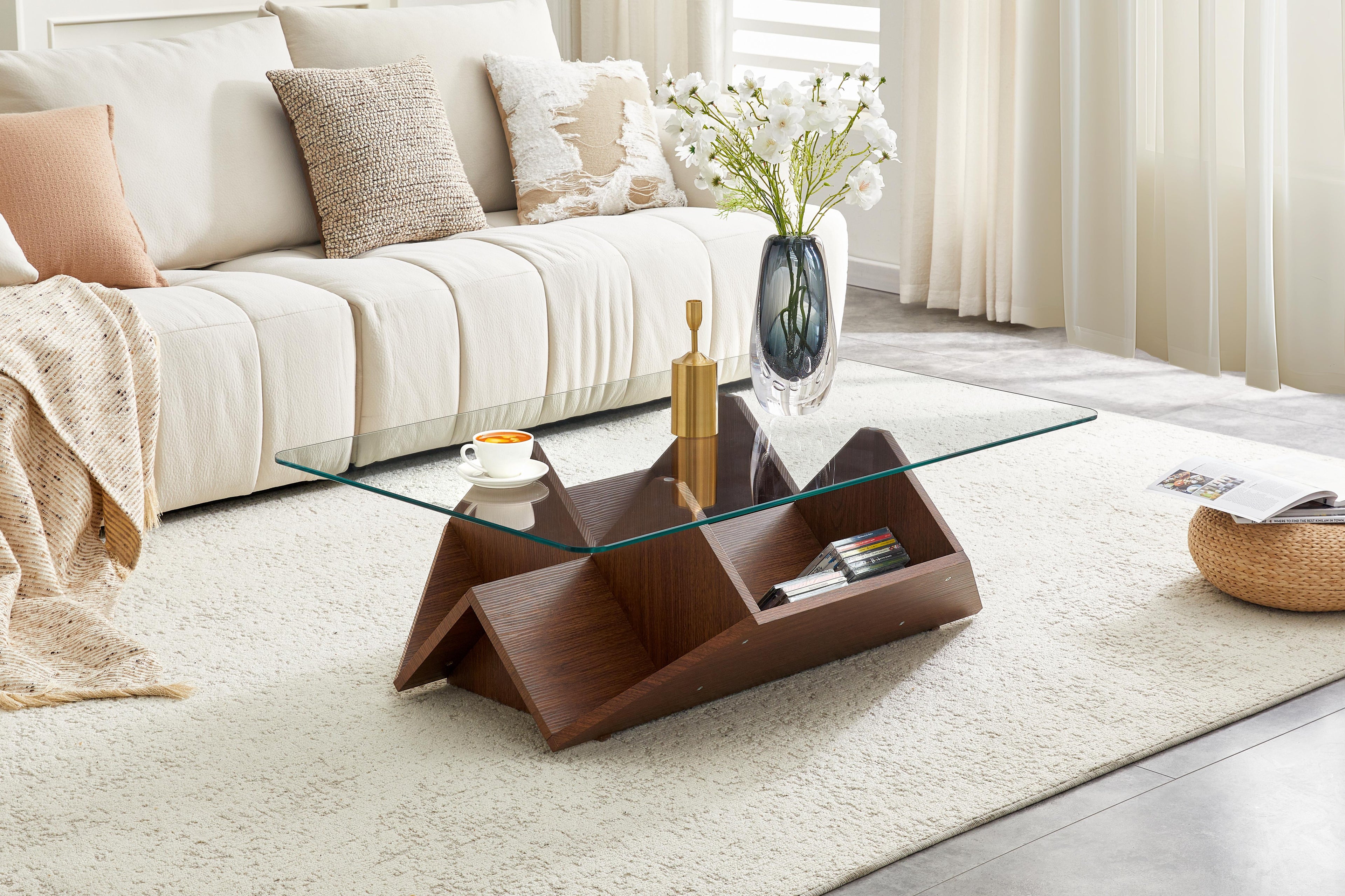 Walnut Multi-Storage Coffee Table with Tempered Glass Top