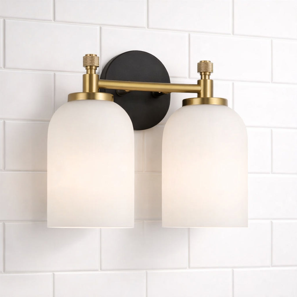 Traditional 2-Light Vanity Wall Sconce, White Frosted Glass, Black and Gold for Bathroom