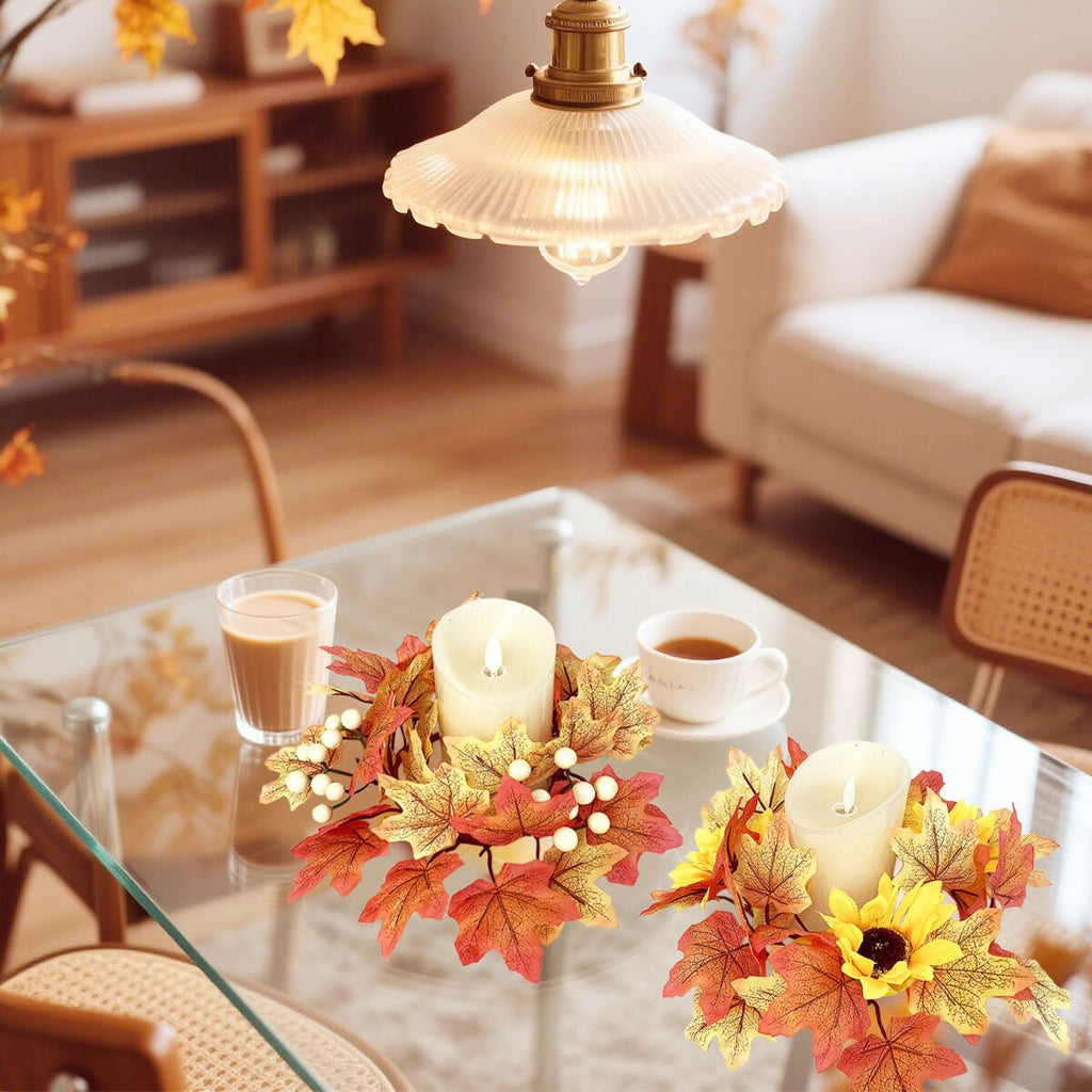 2 Pcs 9.8 Inch Fall Candle Rings Wreaths Candlestick Decorative Rattan