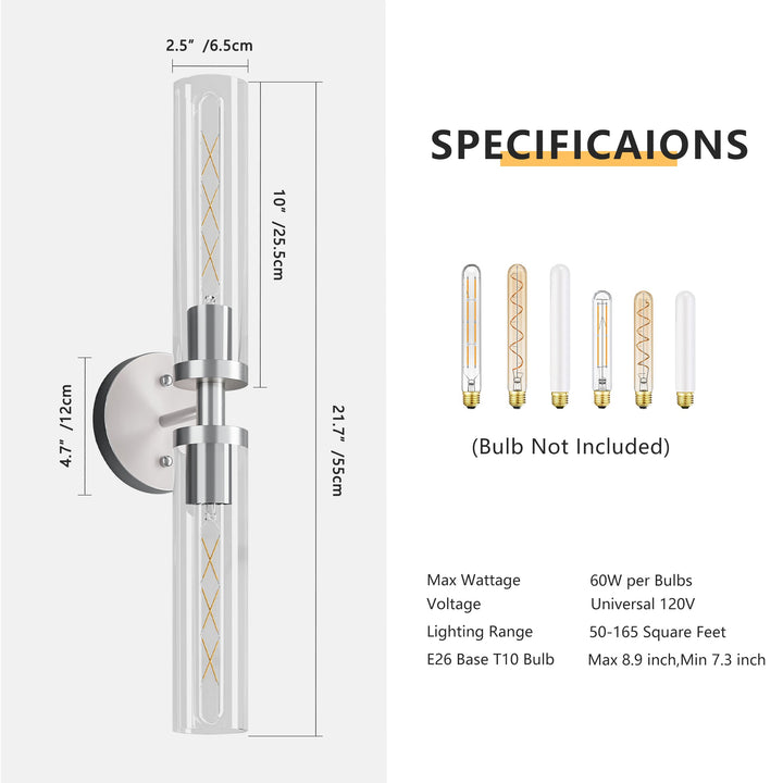 Dimension diagram for Wall Sconce Light, Brushed Nickel Finish, Clear Glass Shade, Set of 2 for Hallway