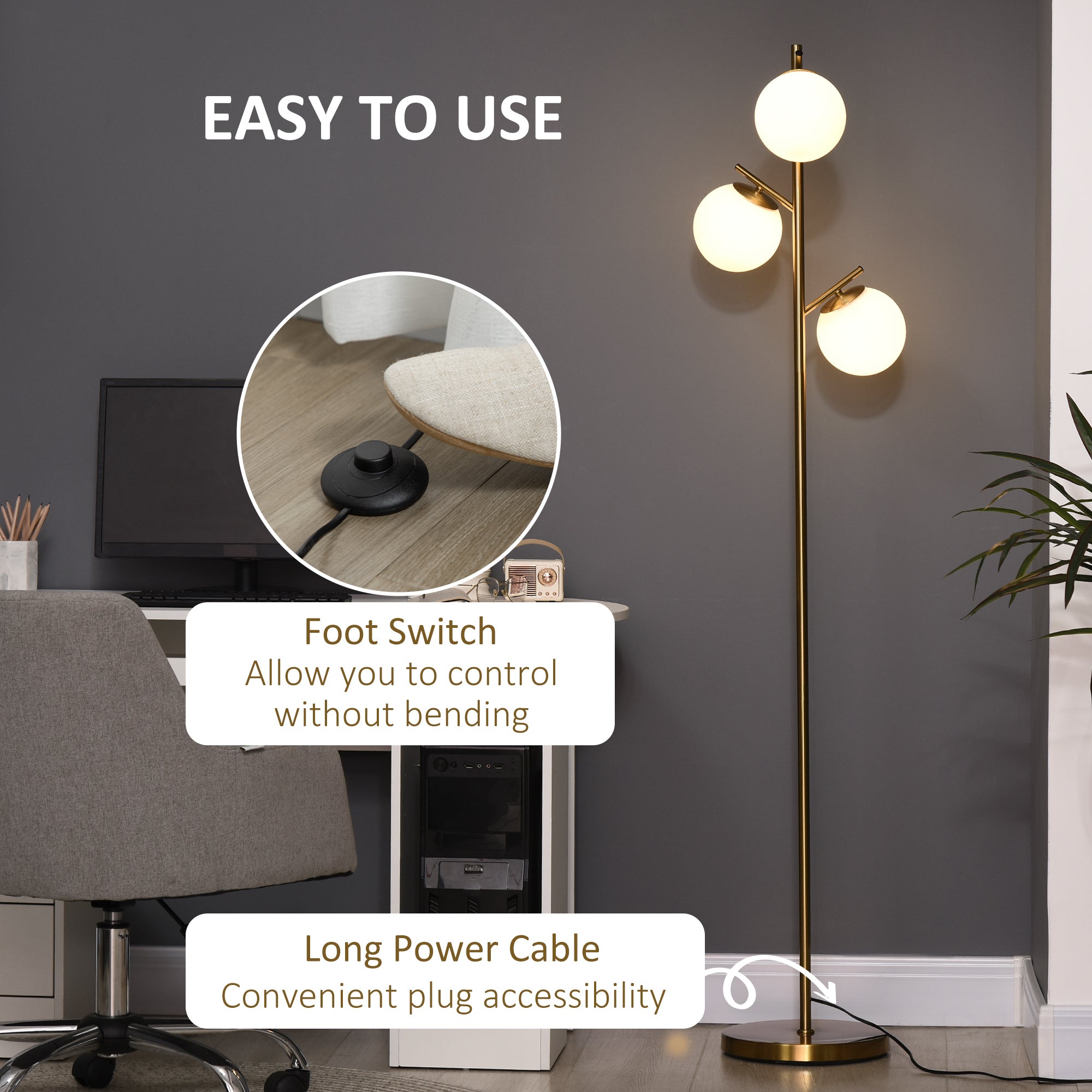 Modern 3-Light Tree Floor Lamp with Adjustable Globe Shades, Black