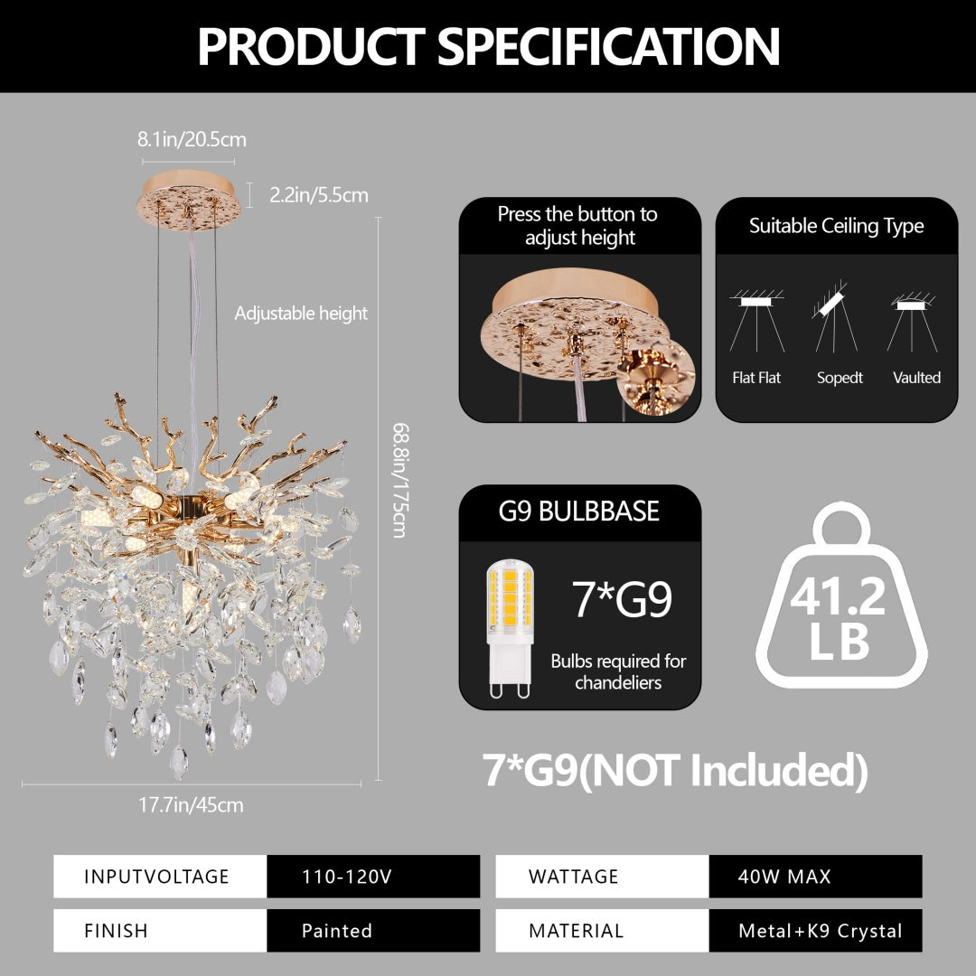 Gold Tree Branch Crystal Chandelier, Luxury Pendant Ceiling Light