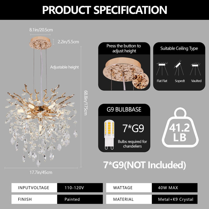 Dimension diagram for Gold Tree Branch Crystal Chandelier, Luxury Pendant Ceiling Light