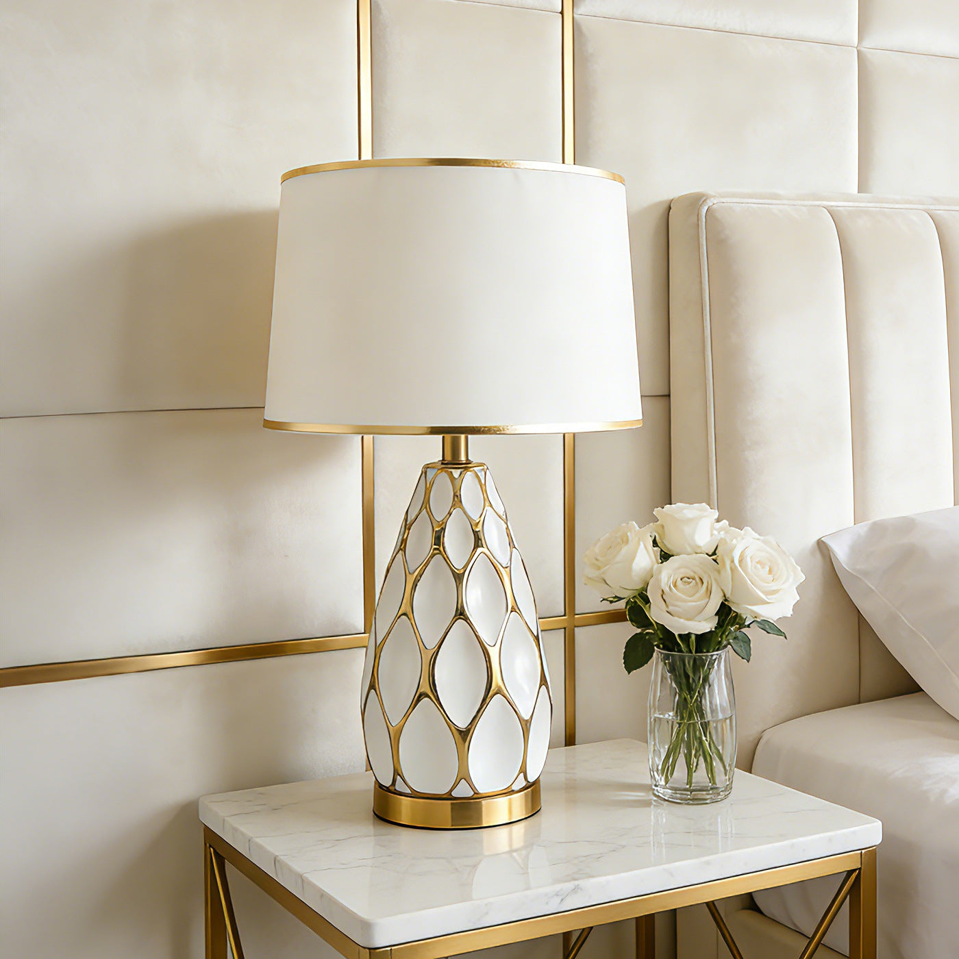 Honeycomb Ceramic Table Lamp, Cream with Gold Trim Shade