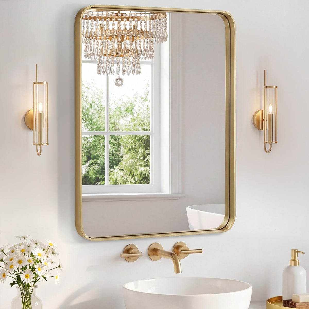 Rectangular Metal Framed Wall Mirror, Black, Silver and Gold, 16x20 and 20x28 in., for Bathroom — detail view