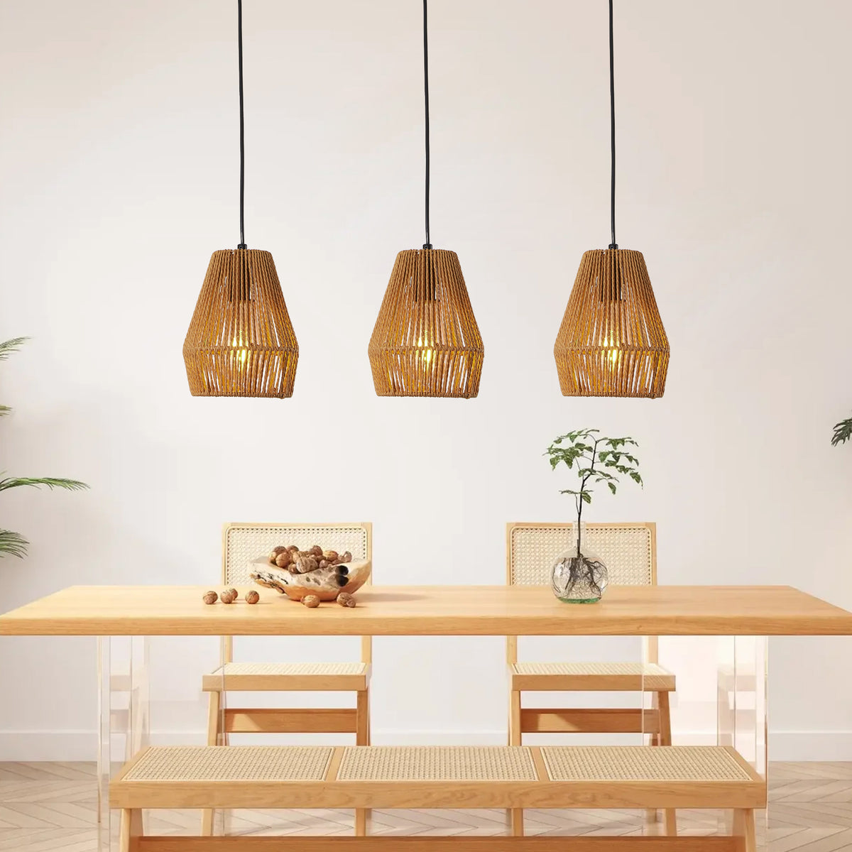 Rustic Handcrafted Hemp Rope Pendant Light, Farmhouse Style, 7 in., Set of 3 — detail view 4