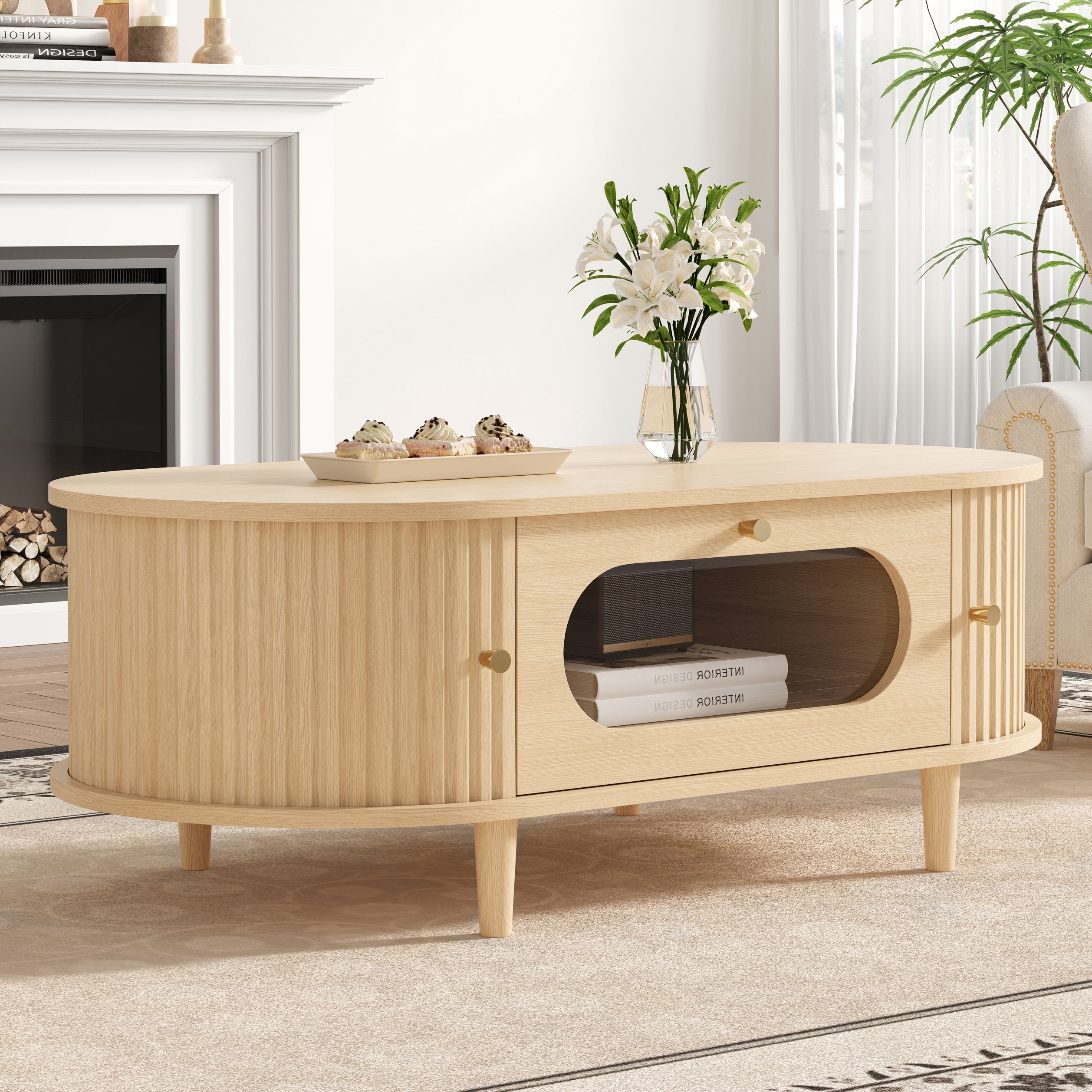 Wood Coffee Table with Drawer and Roller Door, 39 in