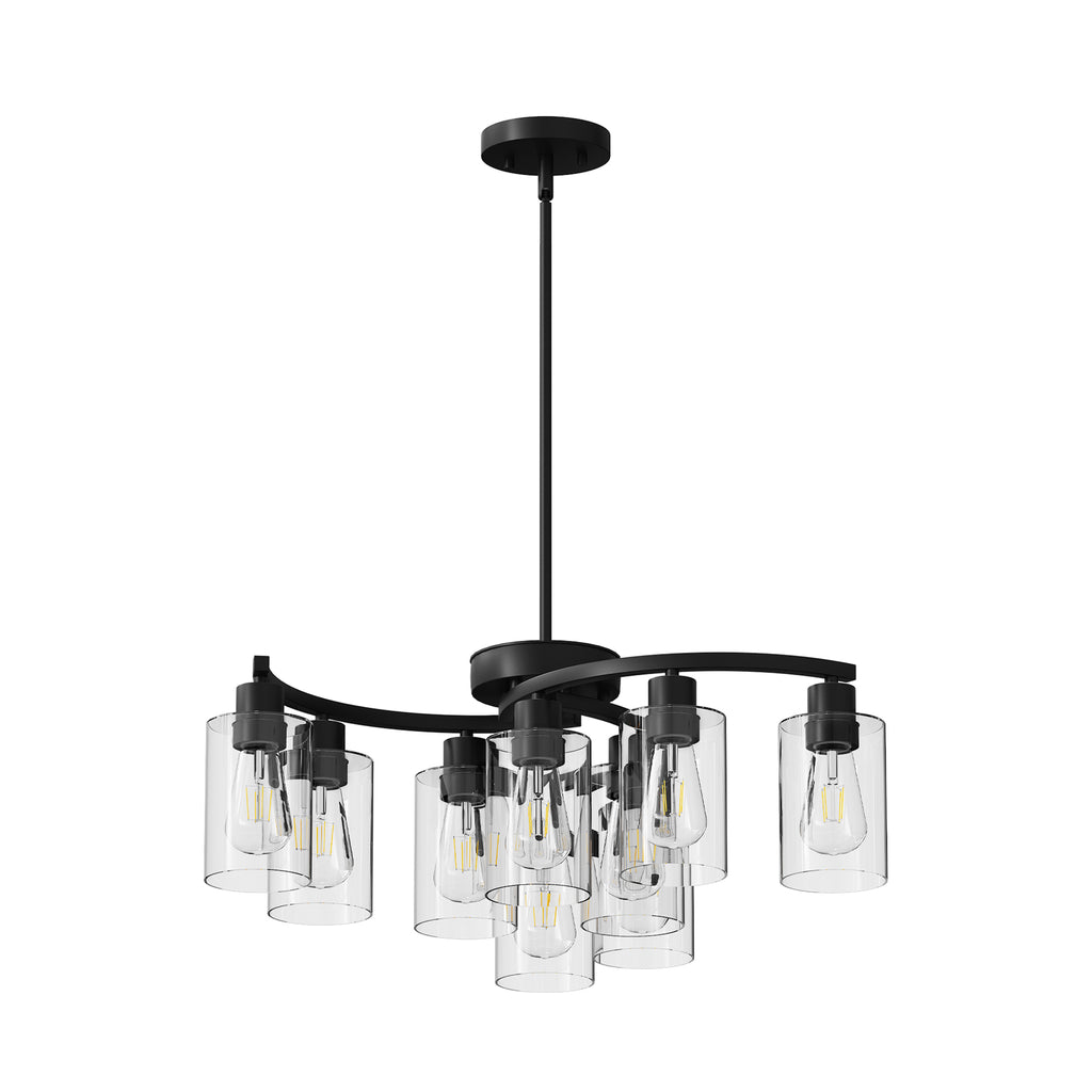 9-Light Black Iron Chandelier with Clear Glass Shades, 30 in