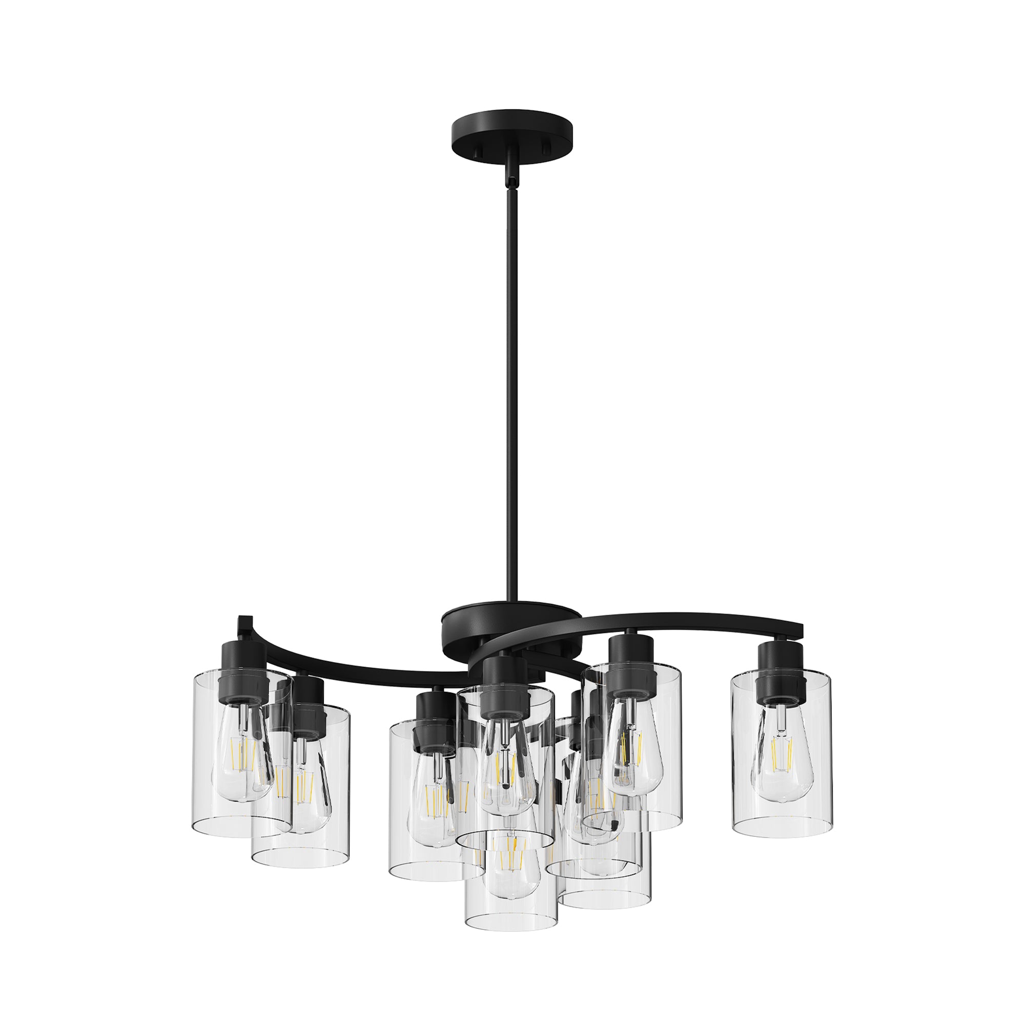 9-Light Black Iron Chandelier with Clear Glass Shades, 30 in