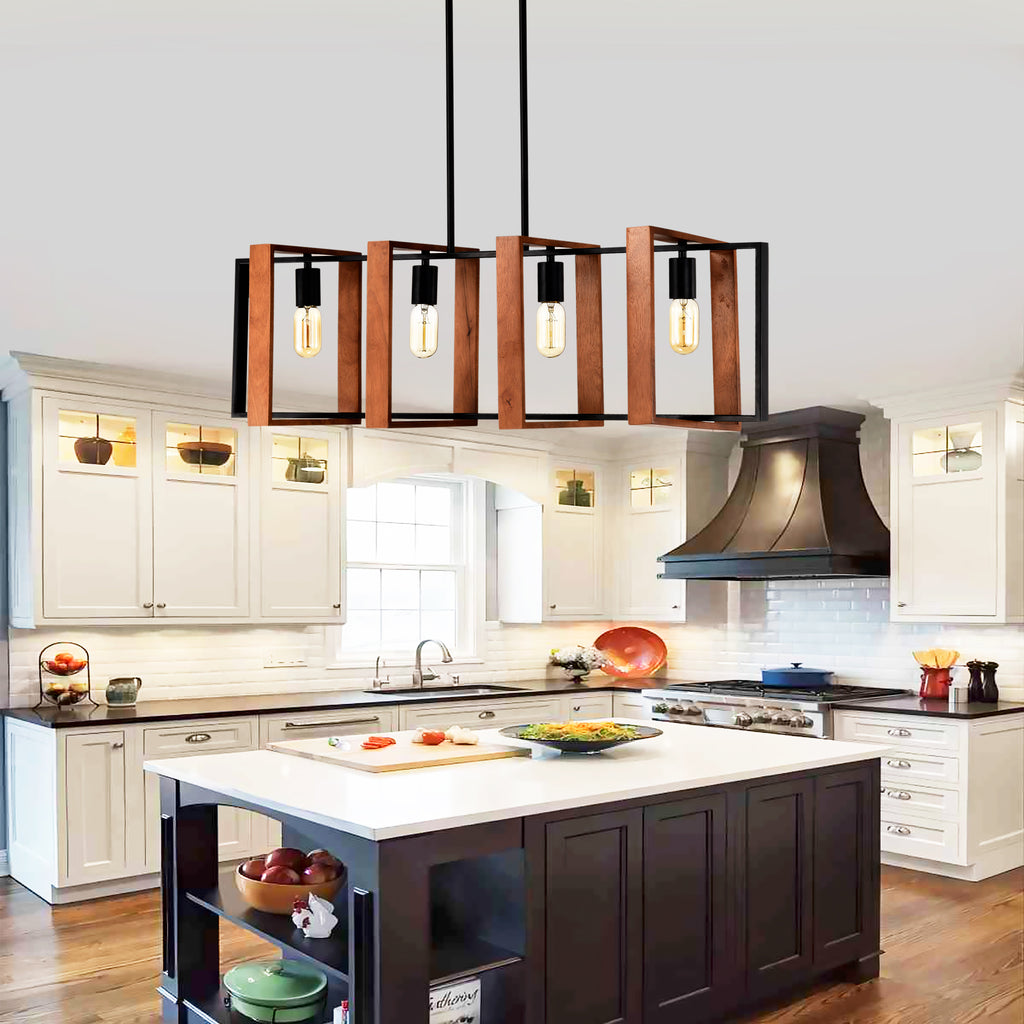 Rustic Wood & Black 4-Light Farmhouse Pendant Light, Kitchen Island Fixture