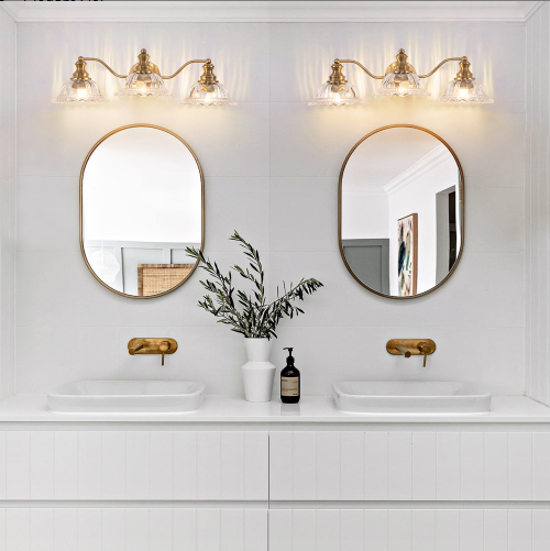 Vintage 3-Light Bathroom Wall Sconce, Iron and Glass Shades, Gold, 24 in., for Bathroom — detail view 3