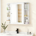 Wall-Mounted Bathroom Mirror Cabinet, Single Door with 4 Internal and 6 Open Shelves, White or Gray — White