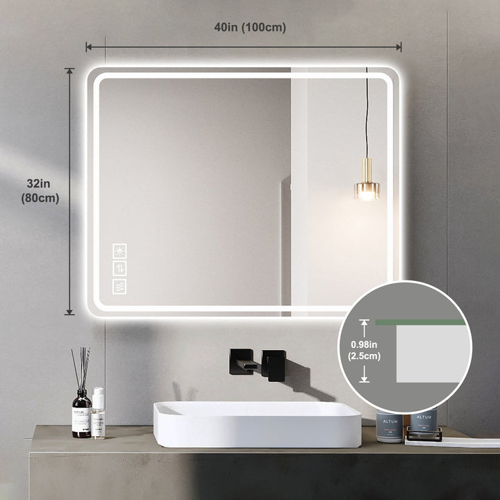 Dimension diagram for LED Bathroom Vanity Mirror, Front-Lit Anti-Fog Frameless Makeup Mirror, Wall-Mounted, 40 x 32 in.