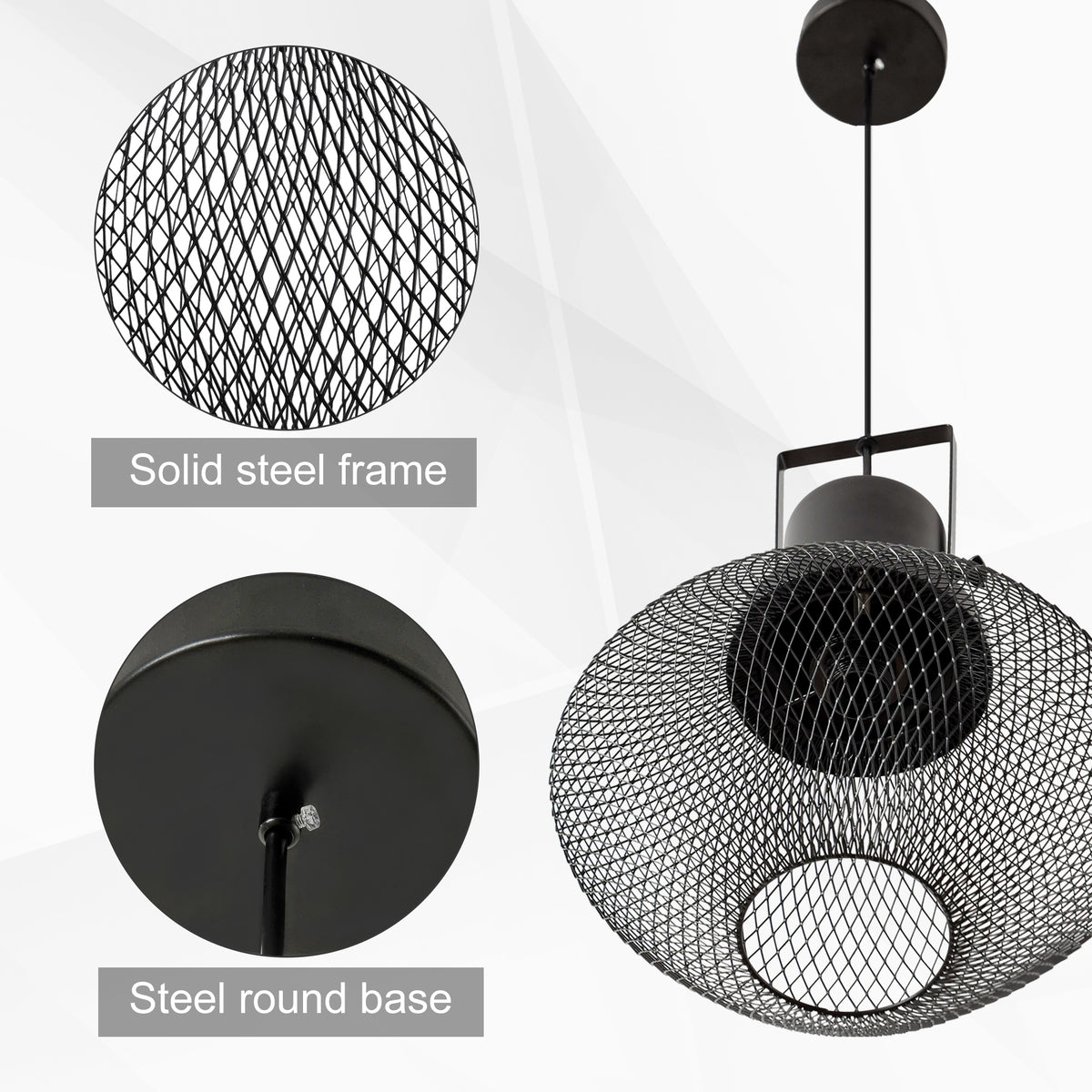 Industrial Steel Cage Pendant Light with Adjustable Hanging Chain, Black, 15.7 in. — detail view 4