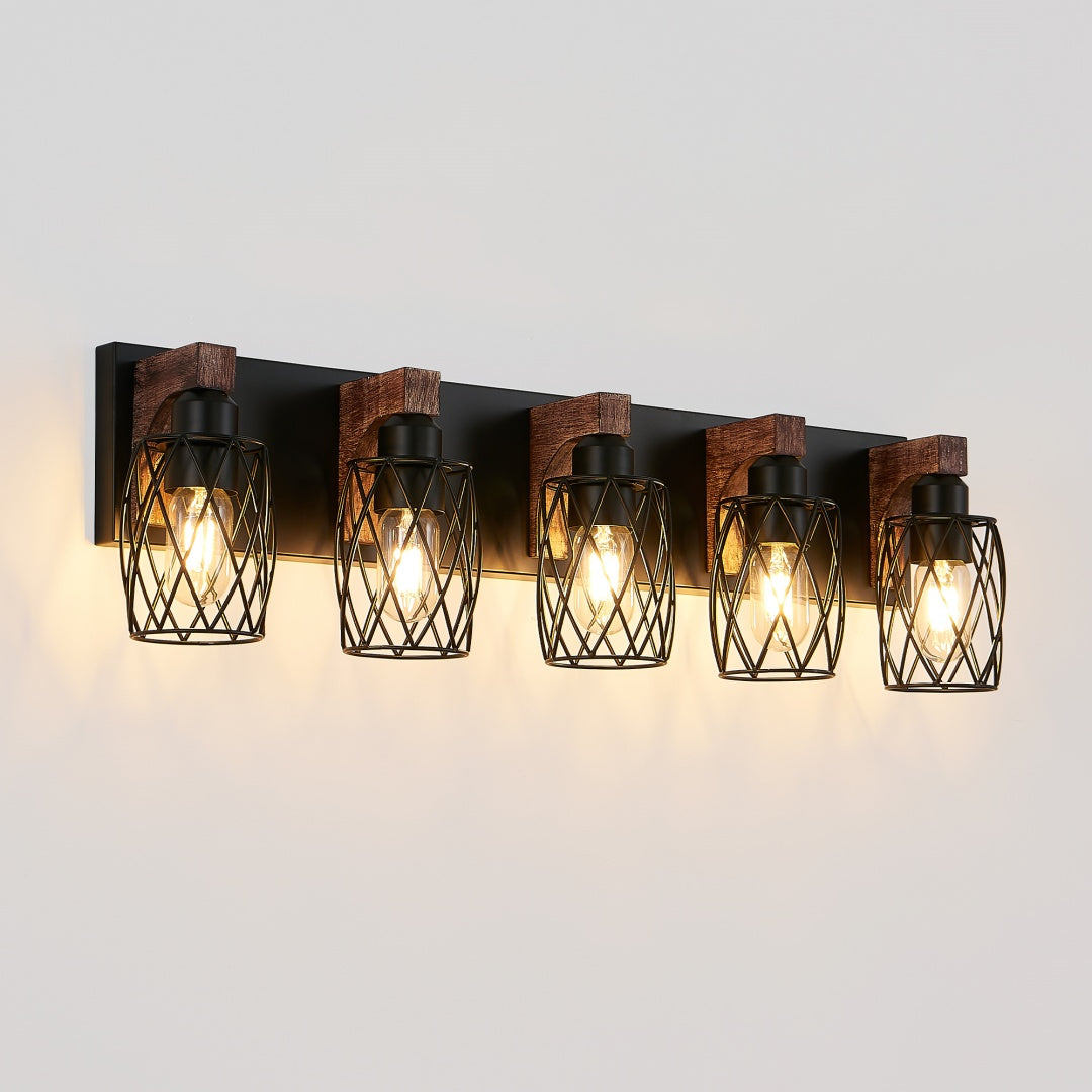Industrial 5-Light Wall Sconce, Black Wire Cage with Wood Accents, 31 in. for Hallway — detail view 3