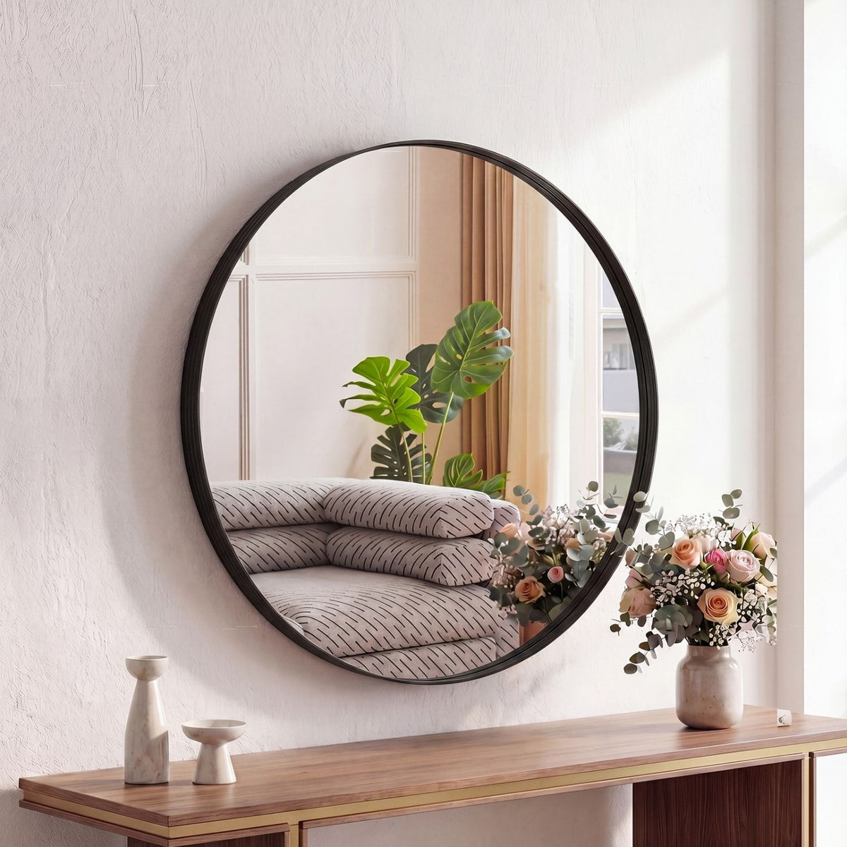 Round Metal Frame Wall Mirror, Slim Circular Border, Black or Gold, 20 to 28 in. for Living Room — Black · 24 in