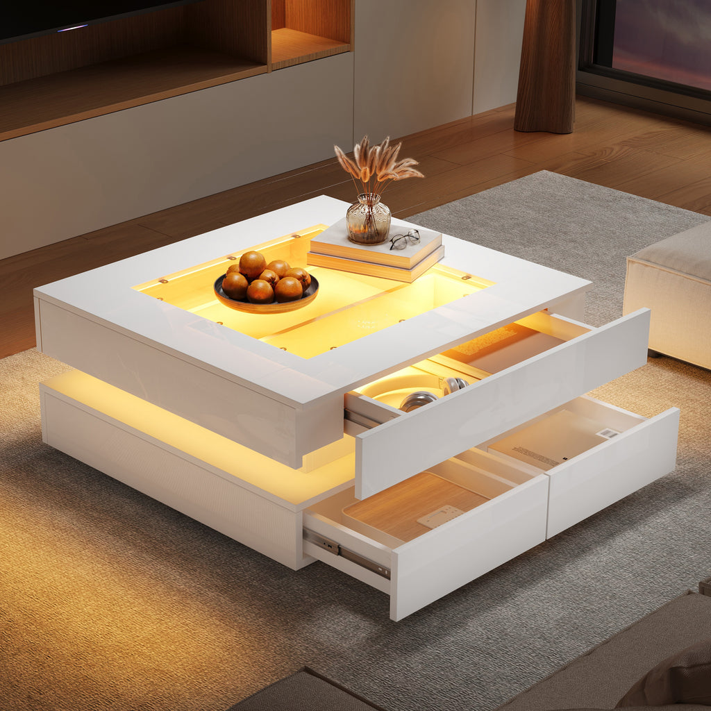 Geometric Glass-Top LED Coffee Table with 3 Drawers, White