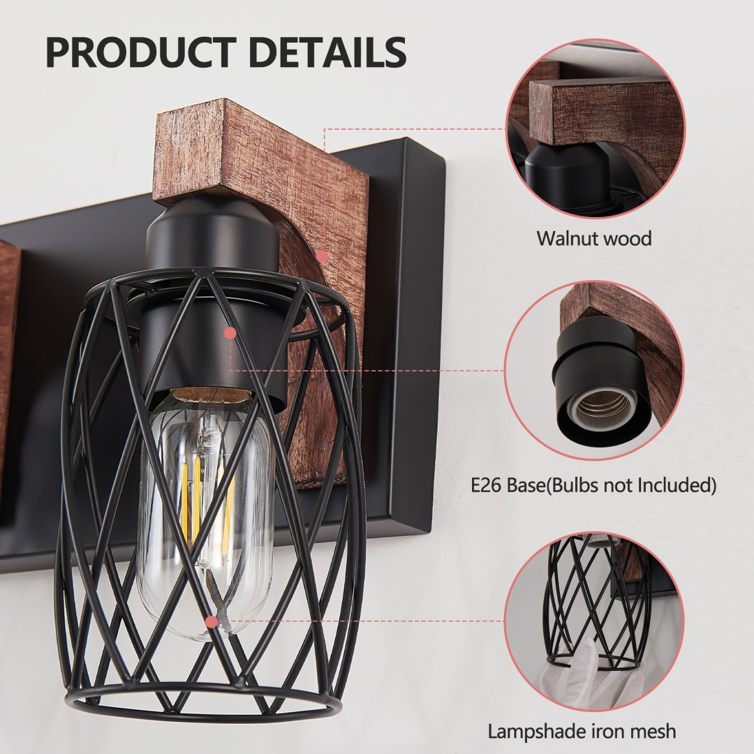 Industrial 4-Light Wall Sconce, Black Wire Cage with Wood Accents, 24 in. for Hallway