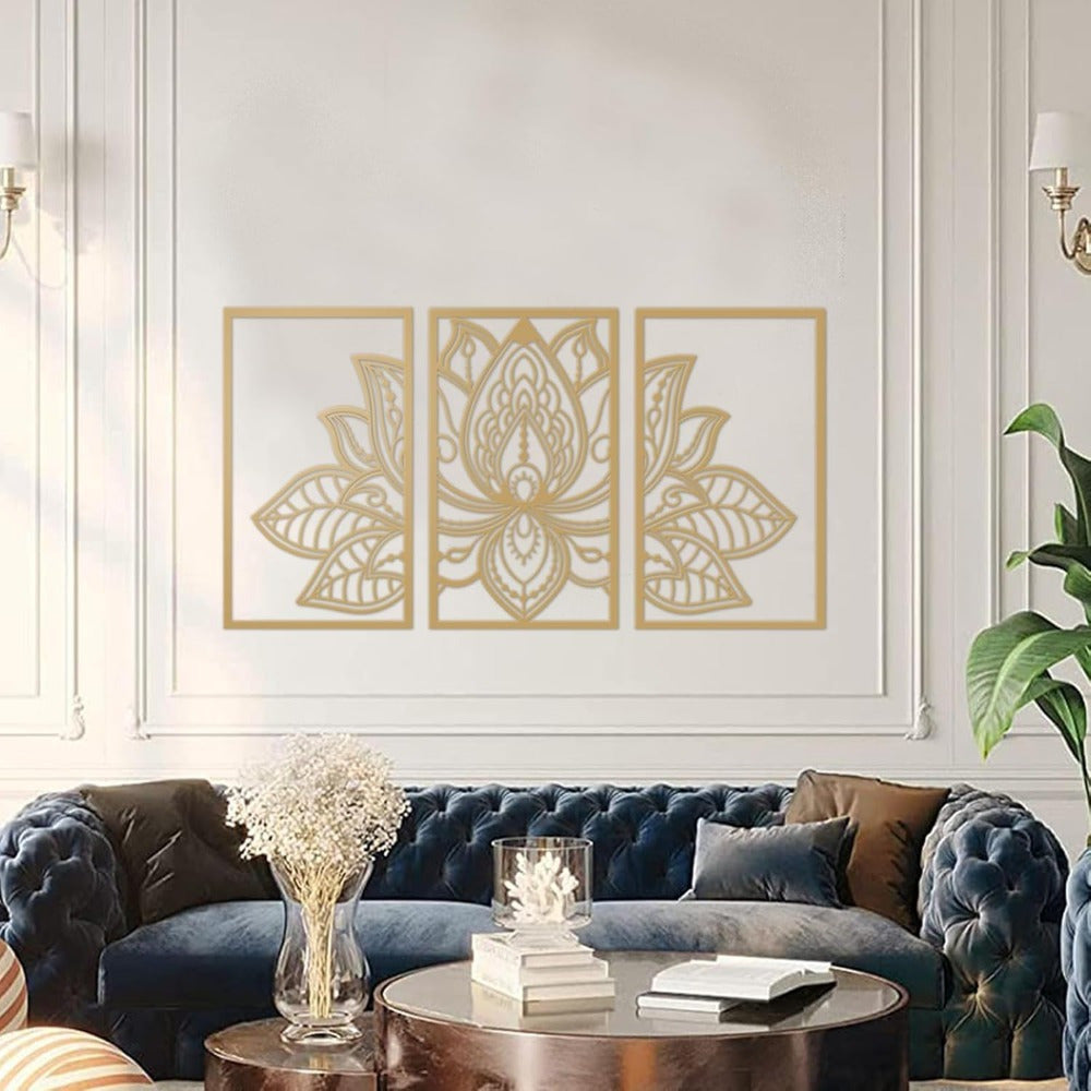 Handmade Metal Lotus Mandala Wall Art, Boho Zen Decor, Gold for Living Room — detail view 2