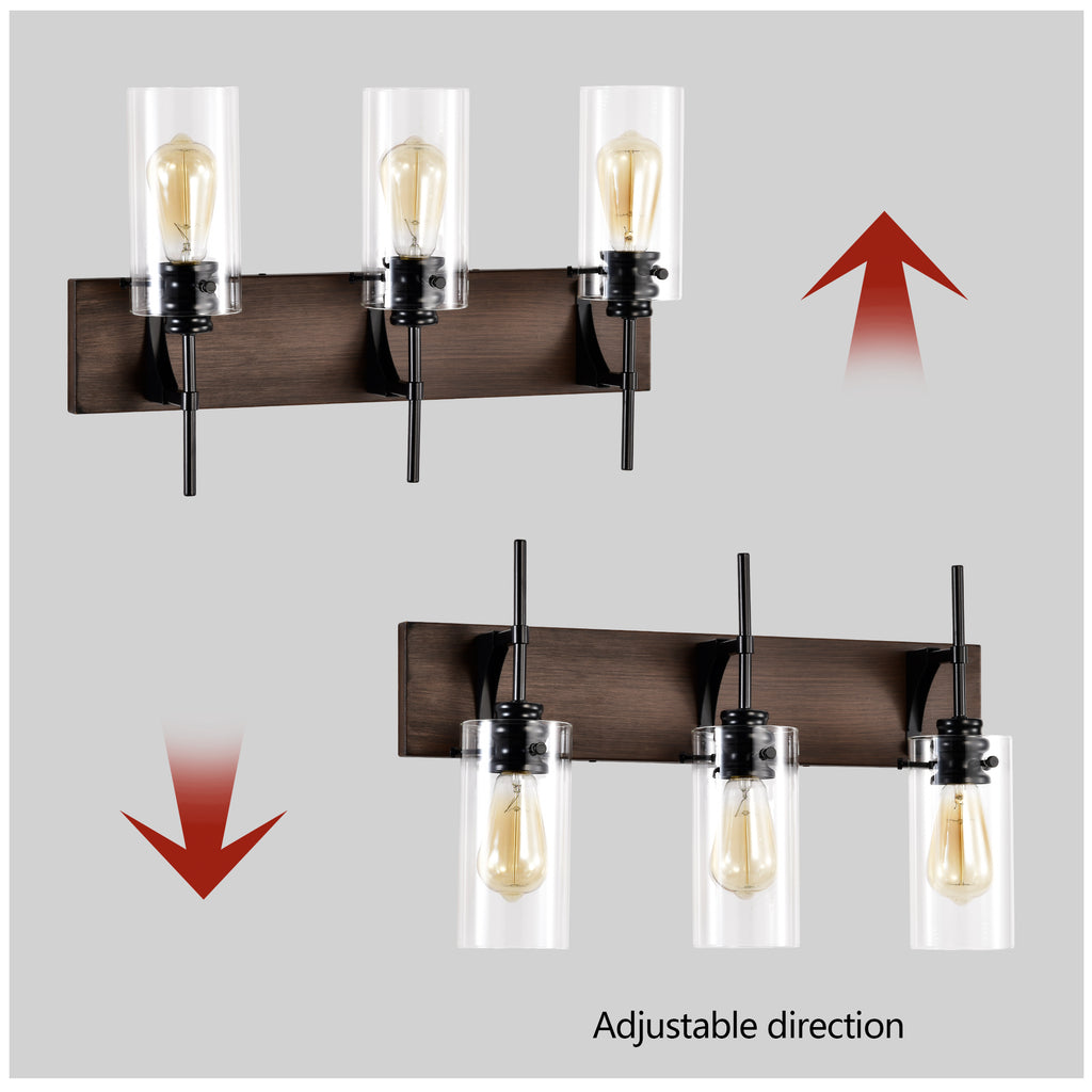 Wood Tone & Black 3-Light Bathroom Vanity Light, Modern Wall Sconce Fixture