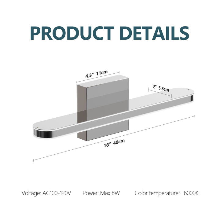 Dimension diagram for Modern LED Vanity Light Bar, Dimmable, 16 in. for Bathroom over Mirror