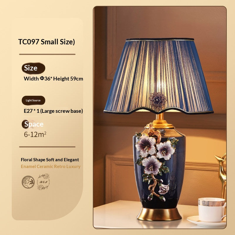 Enamel Ceramic Table Lamp, Floral Relief, Pleated Shade