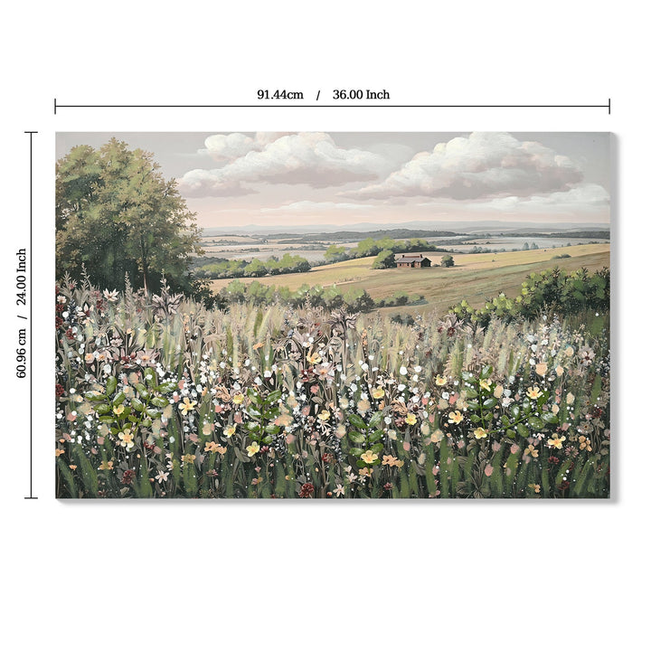 Dimension diagram for Vintage Framed Canvas Wall Art, Floral Meadow Landscape Print, Green and Ivory, for Living Room
