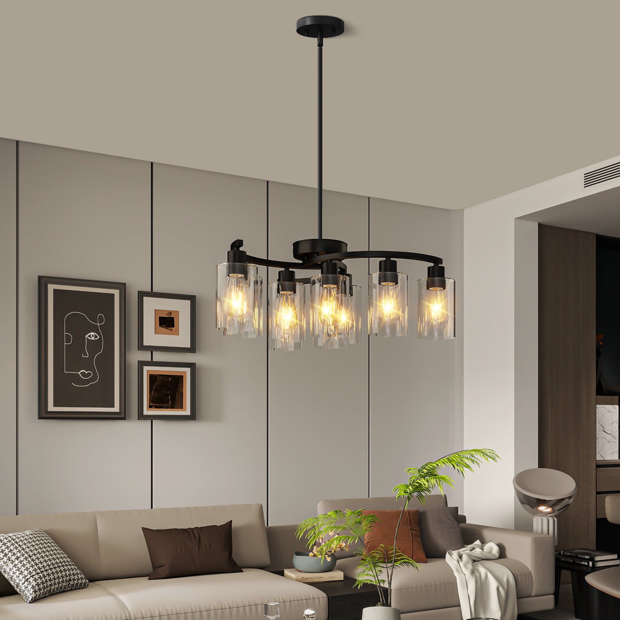 9-Light Black Iron Chandelier with Clear Glass Shades, 30 in